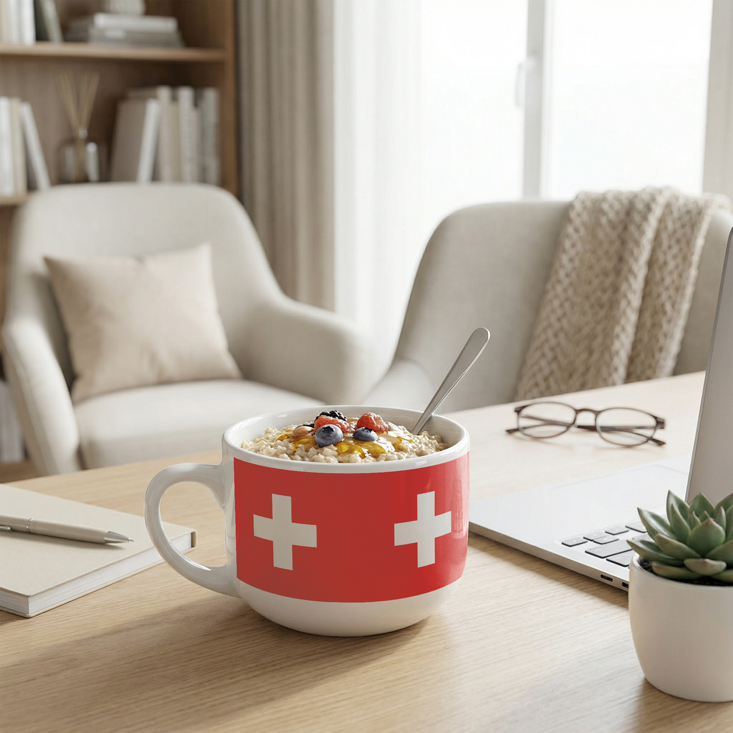 Oversized 25oz ceramic Swiss flag mug filled with oats