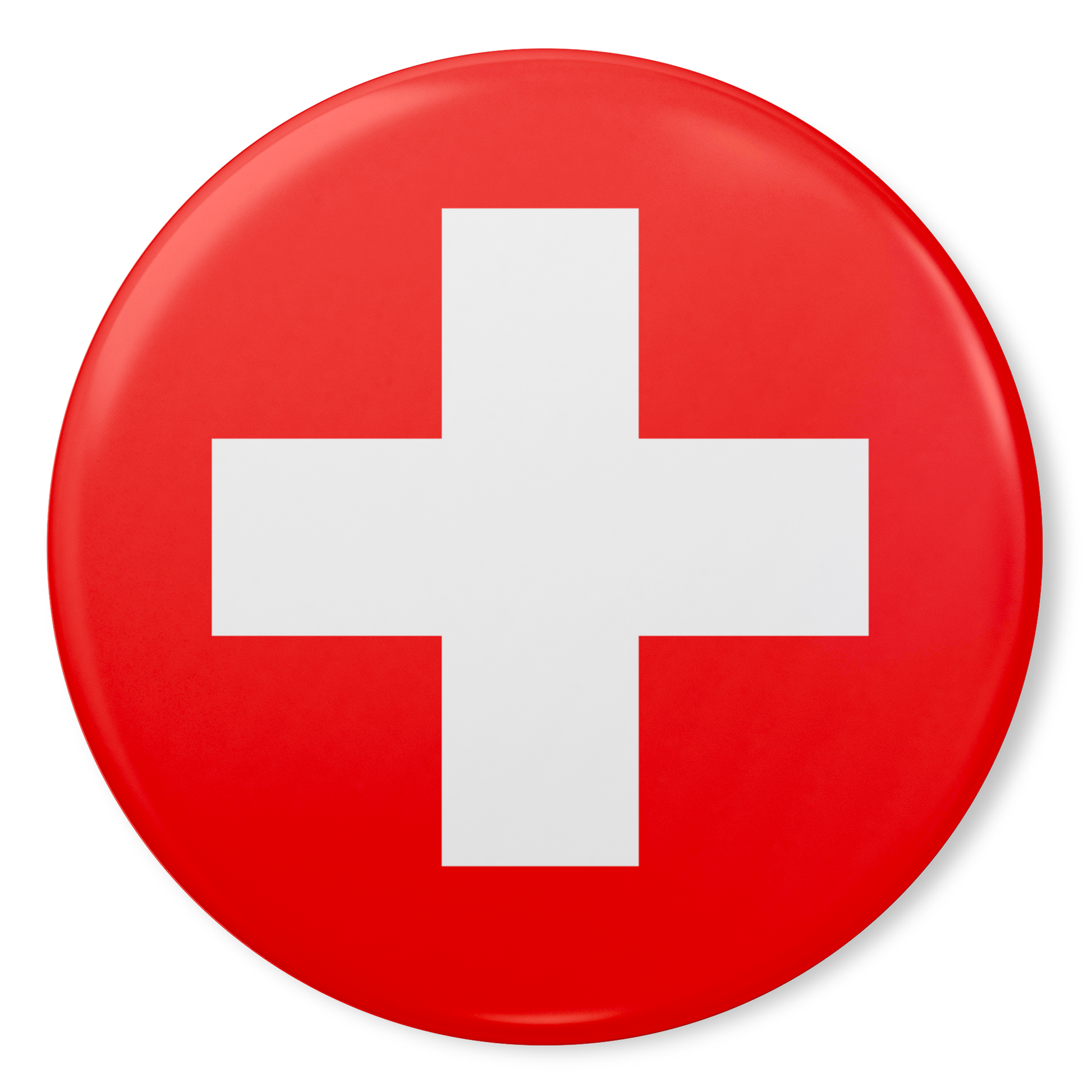 Red and white Swiss cross button pin close-up