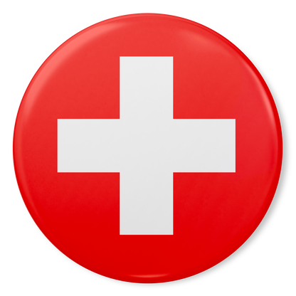 Red and white Swiss cross button pin close-up