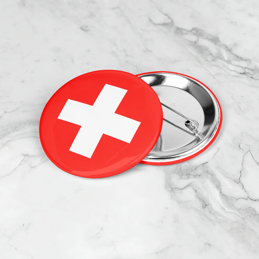 Swiss flag button pin 2.25 inch on white background