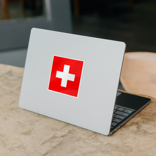 Swiss Flag Fans Sticker mockup – white square vinyl sticker with Swiss cross design