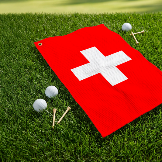 Swiss Flag golf towel with bold red and white Swiss cross design