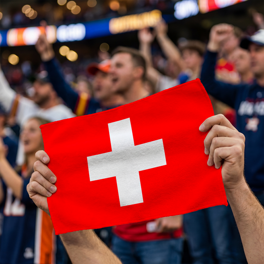 18x11 inch Swiss Flag Rally Towel showing vibrant full-color Swiss cross print