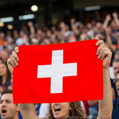 Eco-friendly Swiss Flag Rally Towel to support Switzerland teams made from recycled plastic bottles, lightweight and quick-drying