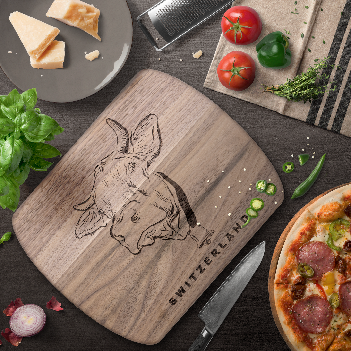 Wooden cutting board featuring a Swiss cow