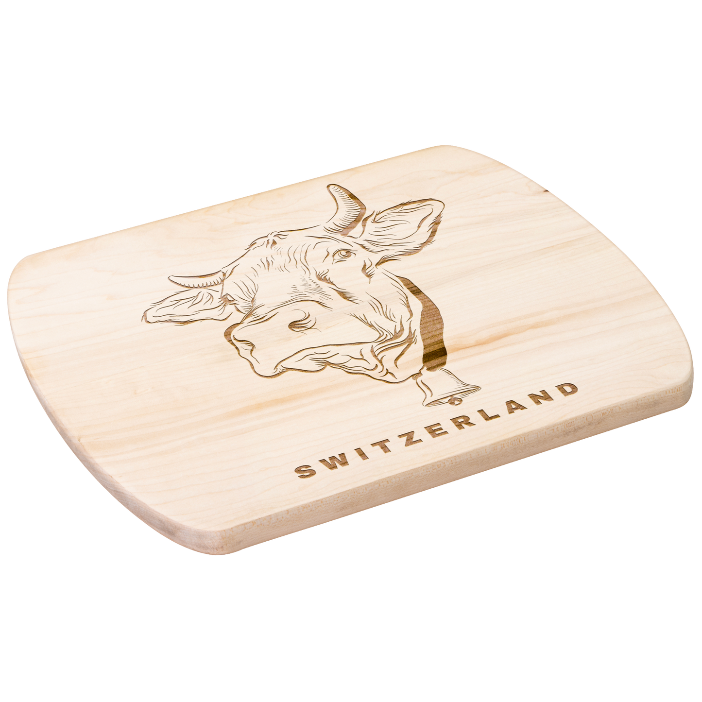 Premium Swiss cow cutting board with traditional Alpine engraving - unique farm-inspired gift for Switzerland lovers and rustic home decor