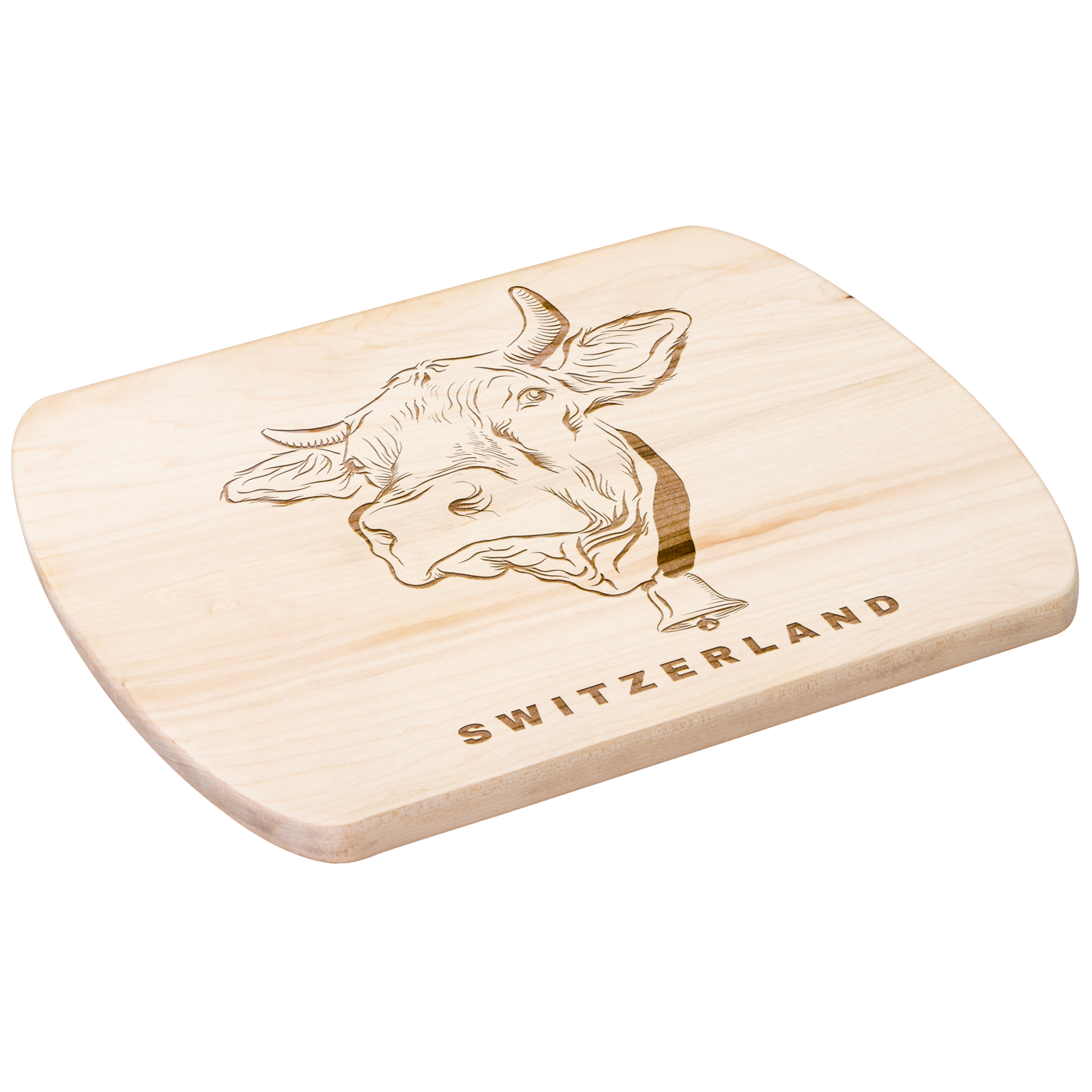 Premium Swiss cow cutting board with traditional Alpine engraving - unique farm-inspired gift for Switzerland lovers and rustic home decor