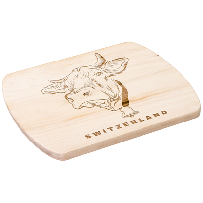 Premium Swiss cow cutting board with traditional Alpine engraving - unique farm-inspired gift for Switzerland lovers and rustic home decor