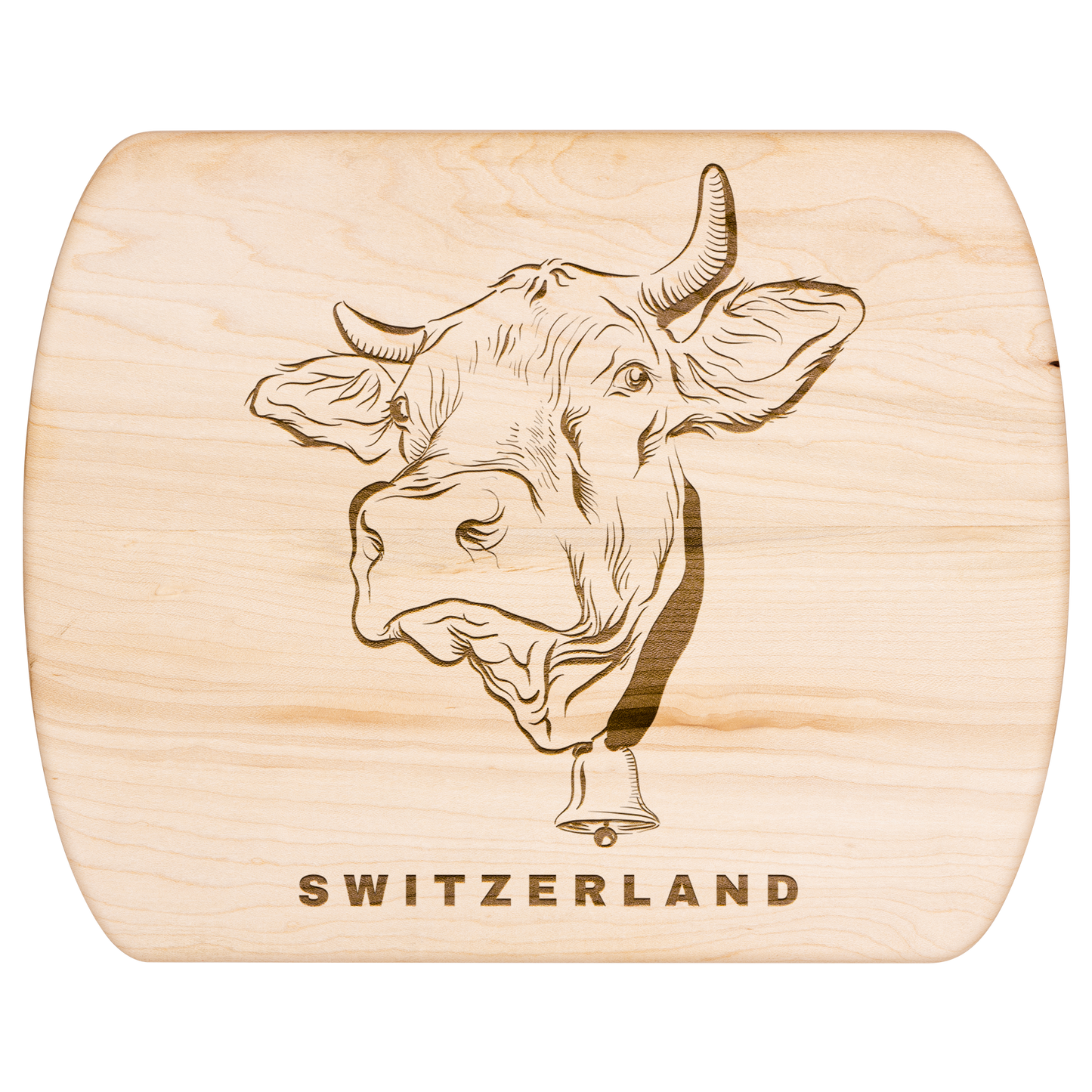 Wooden cutting board featuring Swiss cow engraving, displayed with artisan cheese and bread for authentic Alpine entertaining