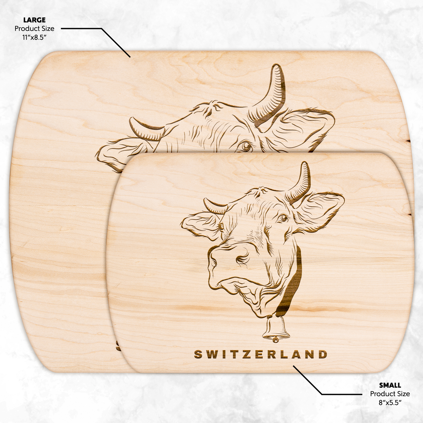 Swiss cow cutting board with engraved Alpine design in premium wood, perfect for cheese serving and rustic kitchen decor