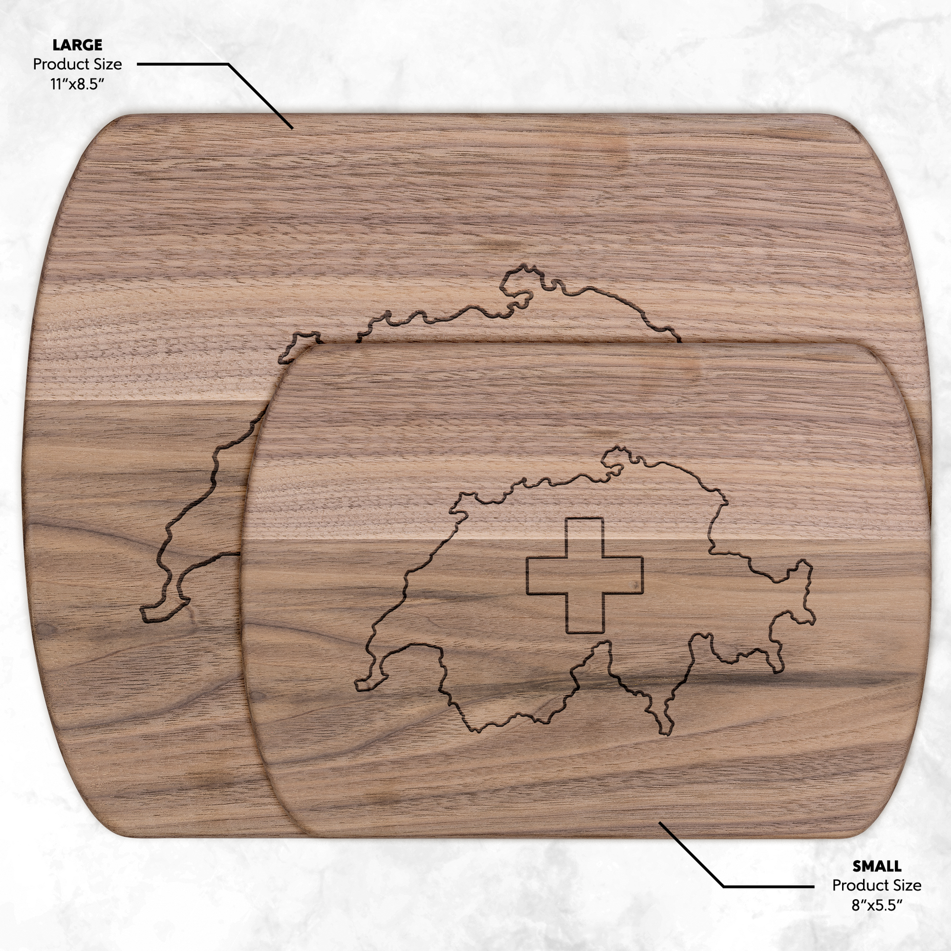 Switzerland map cutting board with embedded Swiss flag design - premium kitchen decor for Swiss enthusiasts