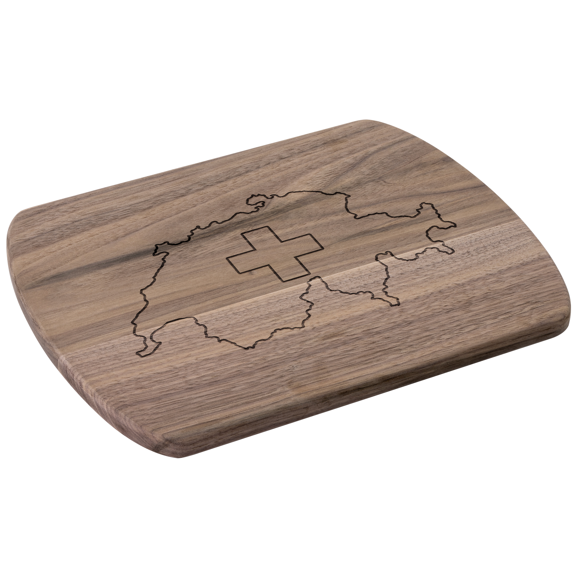 Handcrafted cutting board with Switzerland map and flag design - functional Swiss-themed kitchen accessory