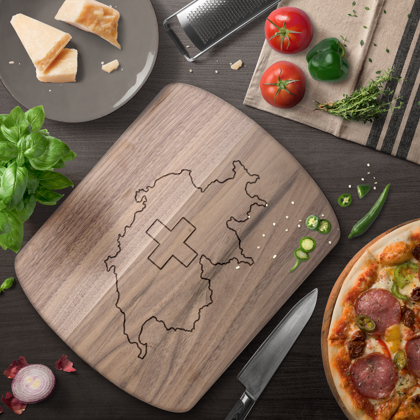Cutting board with Swiss pride design featuring map and flag