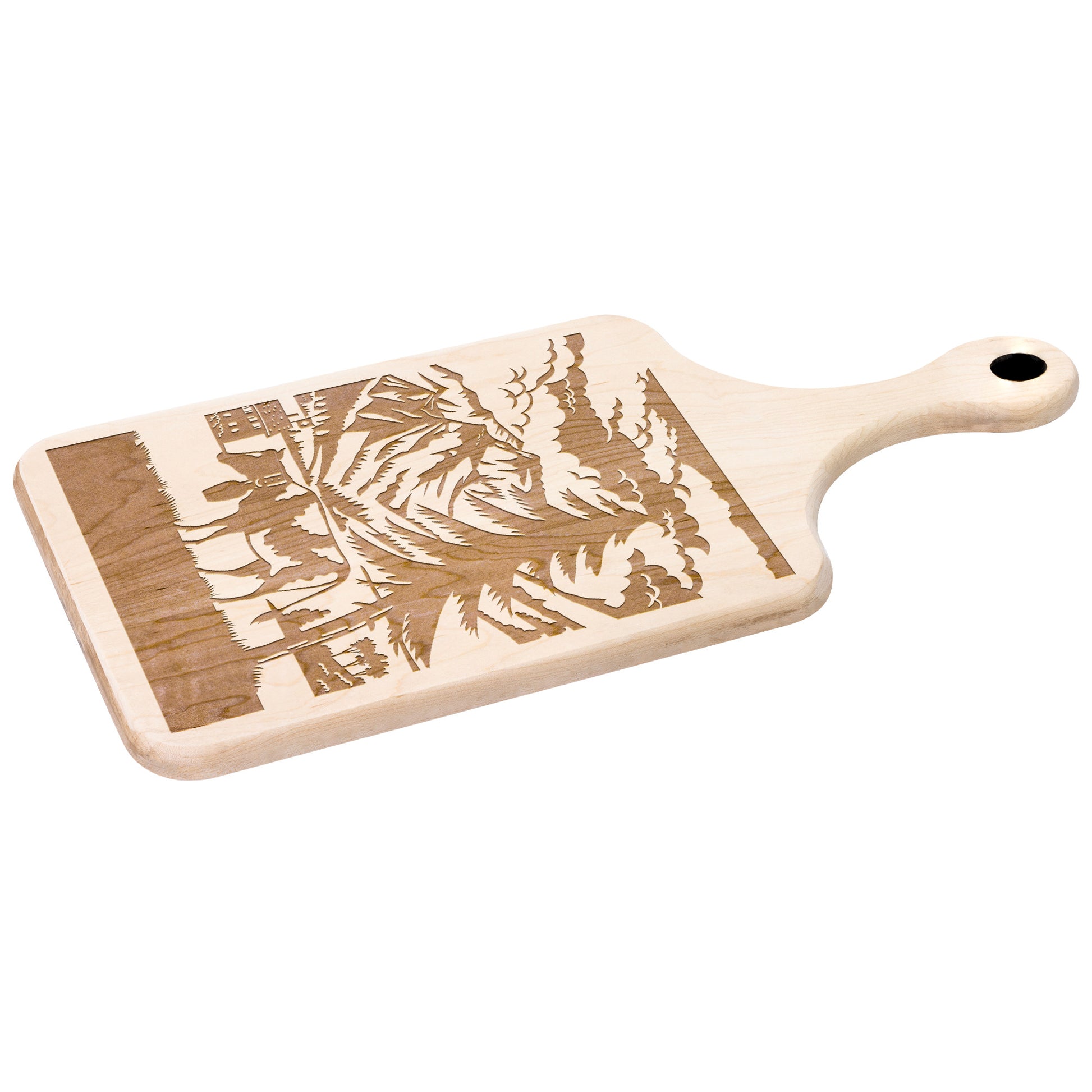 Cutting board with Swiss cow silhouette design in Elm Sernftal with Glarus peaks