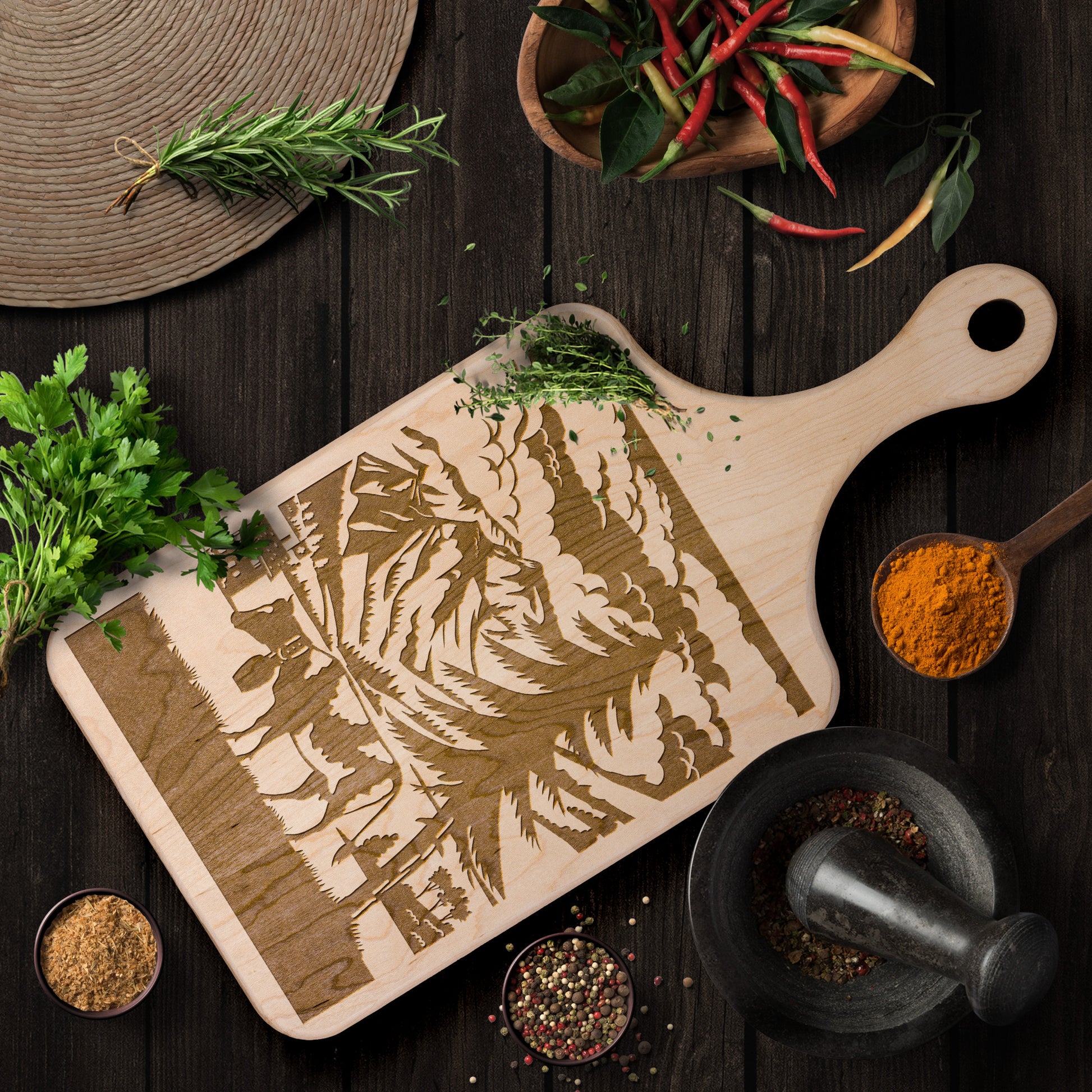 Swiss-inspired cutting board featuring cow and alpine scenery from Switzerland
