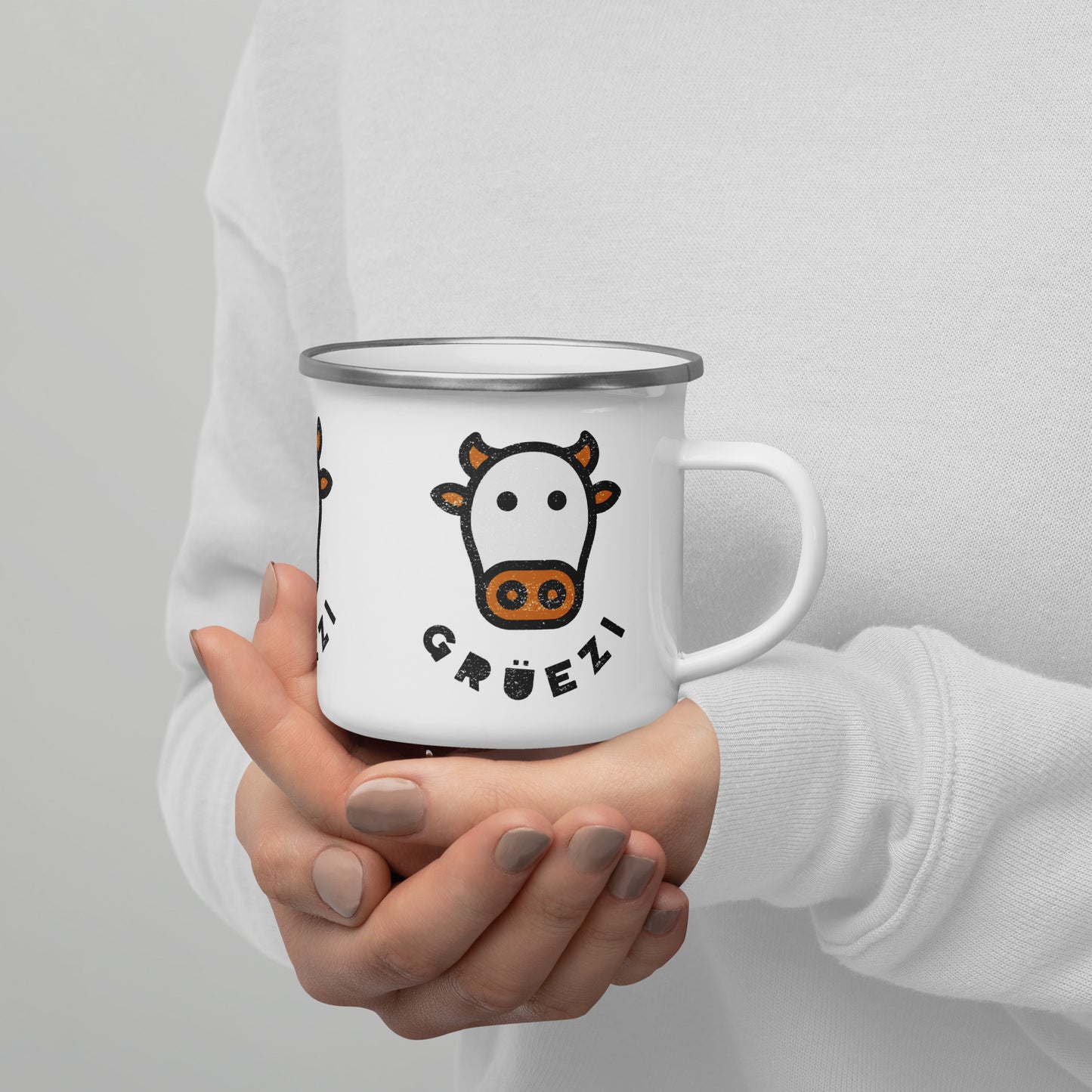 Grüezi Enamel Mug – Swiss Cow Design 🐮 | Durable & Stylish Camping Mug for Nature Lovers 🏞️