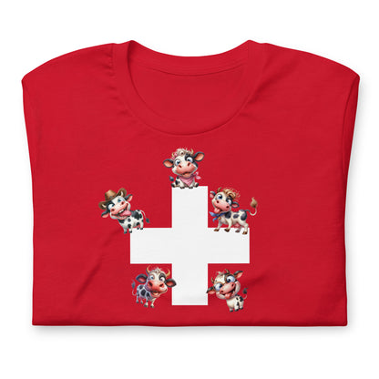cartoon cow and swiss flag graphic tee