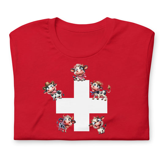 cartoon cow and swiss flag graphic tee