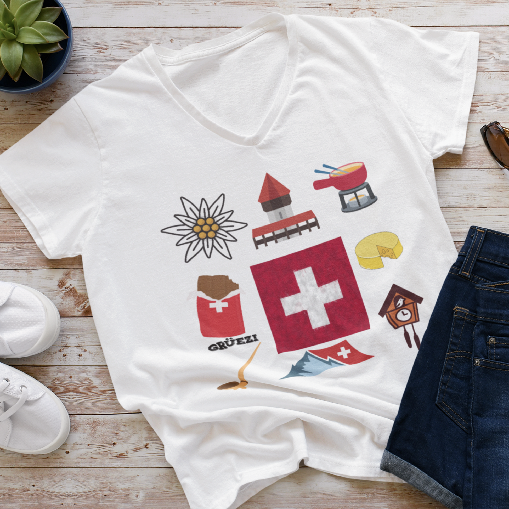 Stylish V-Neck Tee Featuring Swiss Flag, Lucerne Bridge, and More