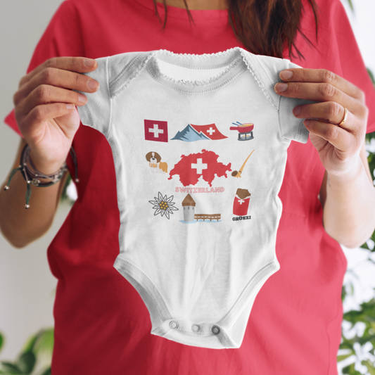 Switzerland Charming Travel Icons  Infant Baby Rib Bodysuit