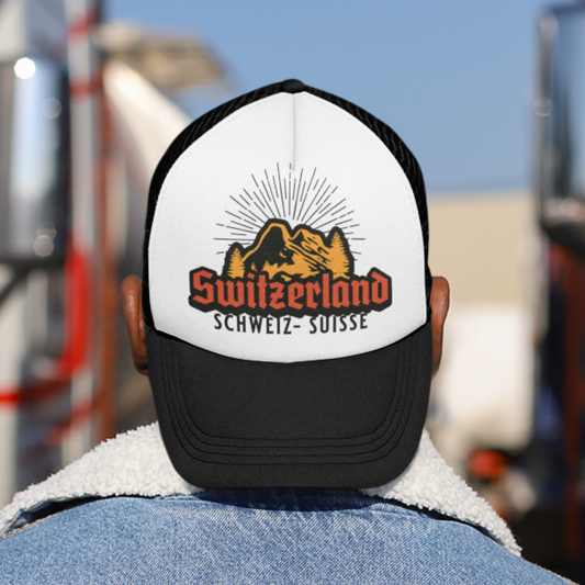 A foam trucker hat with a retro logo featuring a mountain range