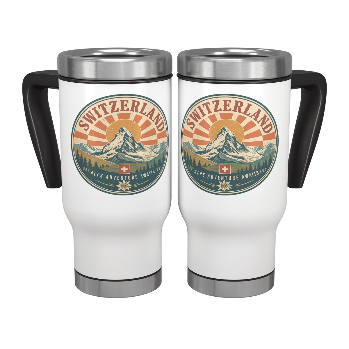 Two white insulated Zermatt travel mugs showing the retro Swiss mountain artwork