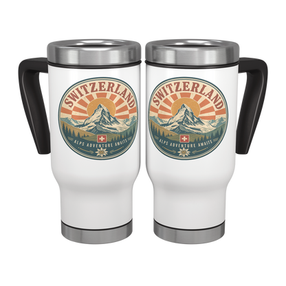 Two white insulated Zermatt travel mugs showing the retro Swiss mountain artwork