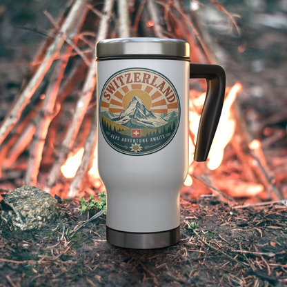 White Zermatt Switzerland travel mug with Matterhorn design in an Alpine forest setting