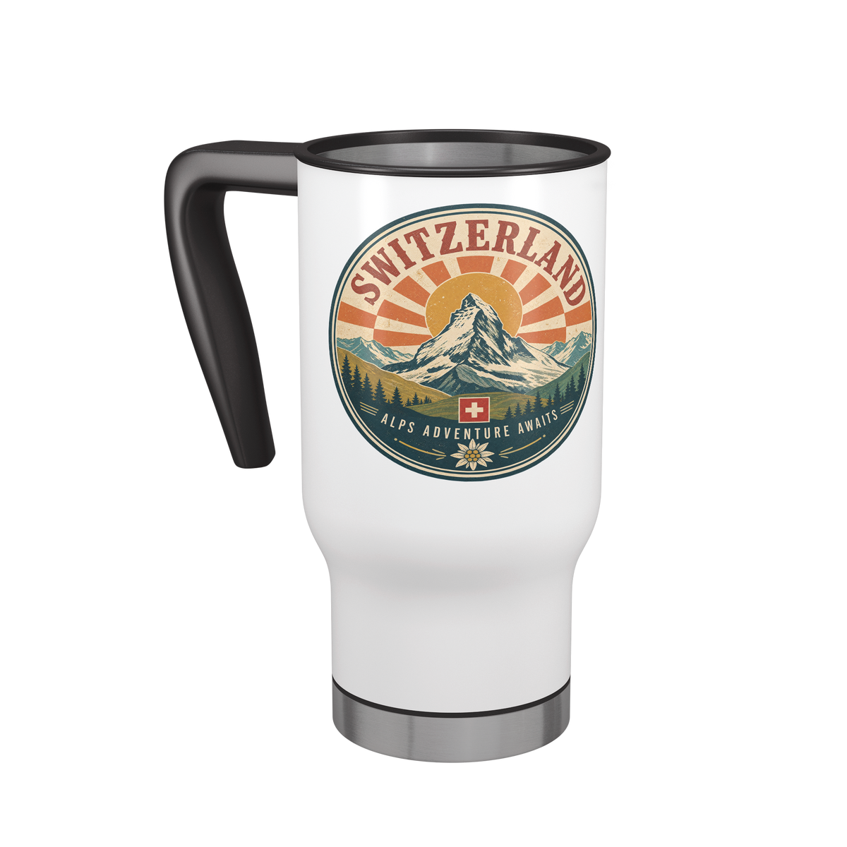 Angled view of white Zermatt Switzerland travel mug with black handle and silver rim