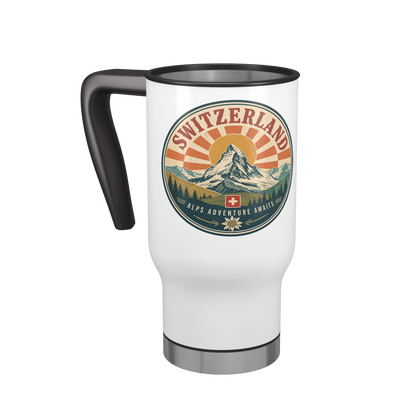 Angled view of white Zermatt Switzerland travel mug with black handle and silver rim