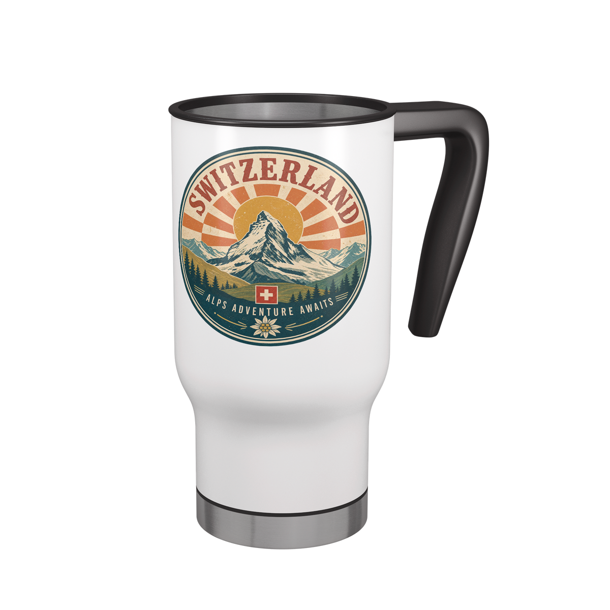 Front view of white Zermatt Switzerland travel mug with black handle and silver rim
