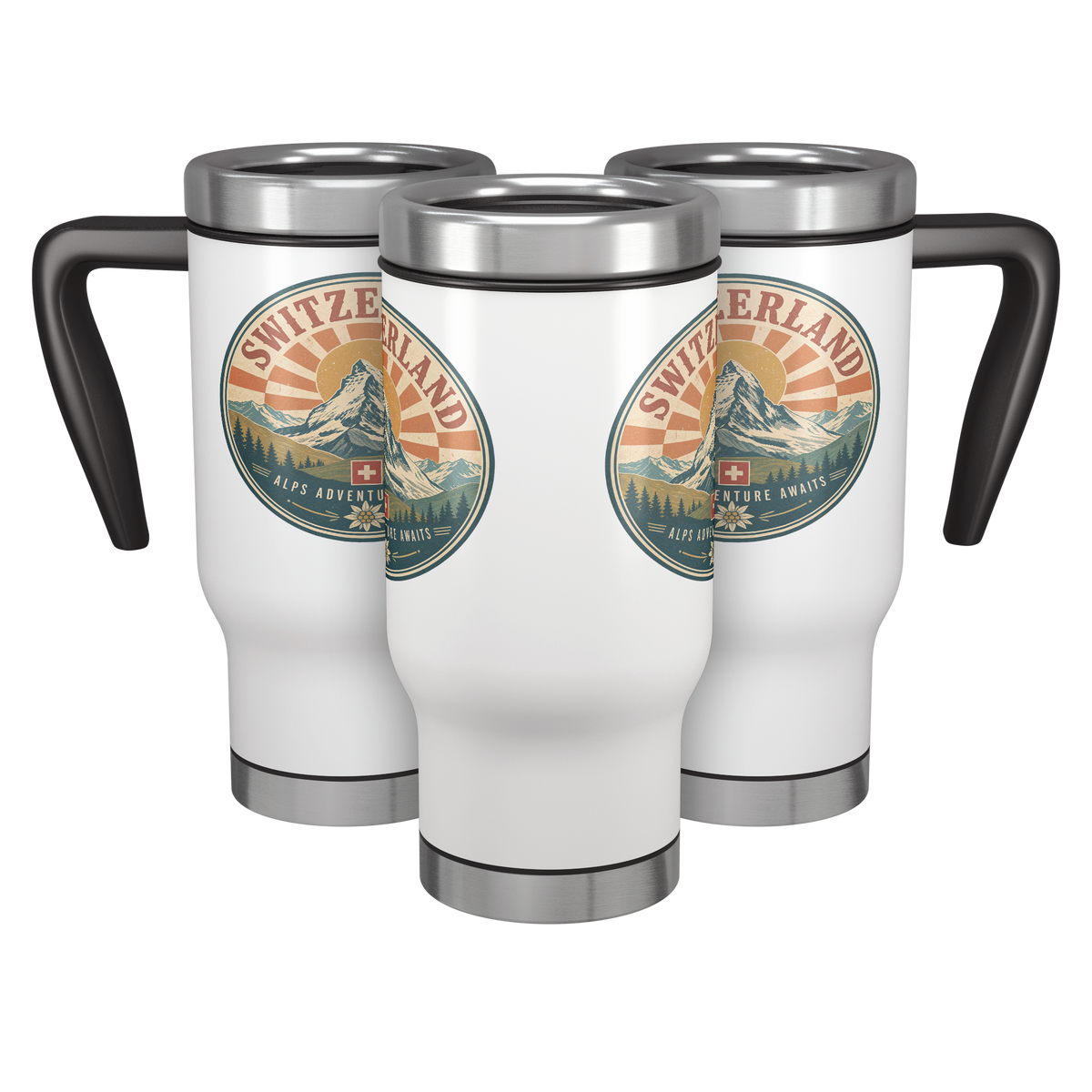 Group of three views of white Zermatt Switzerland travel mugs with black handles