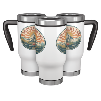 Group of three views of white Zermatt Switzerland travel mugs with black handles
