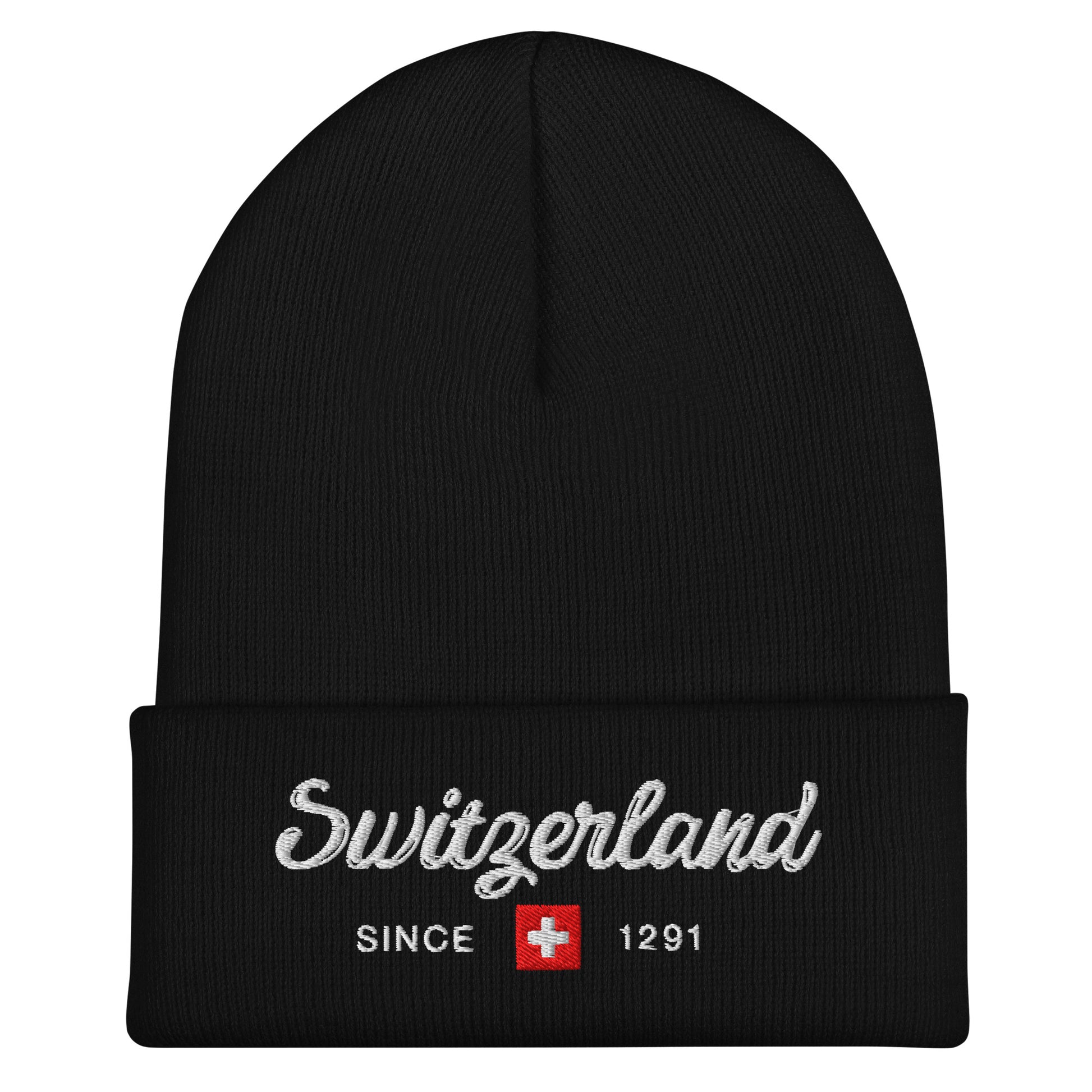 Switzerland Beanie Since 1291 with embroidered Swiss cross design on dark gray knit fabric.
