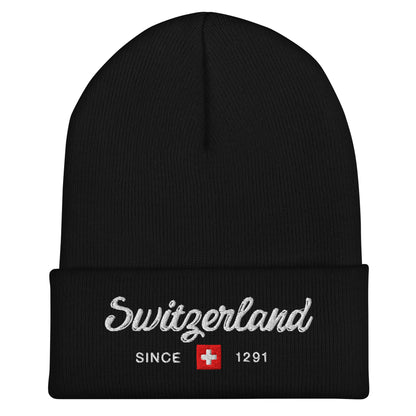 Switzerland Beanie Since 1291 with embroidered Swiss cross design on dark gray knit fabric.