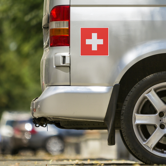 Red and white Switzerland flag square magnet on vehicle