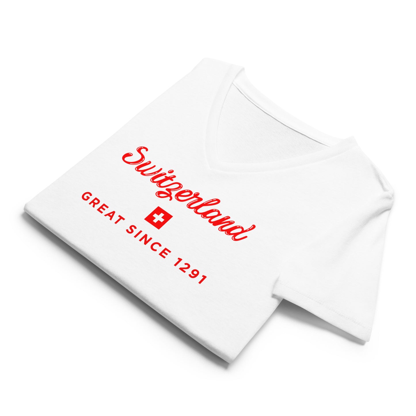 A white V-neck t-shirt with red printed text reading 'Switzerland' and 'GREAT SINCE 1291