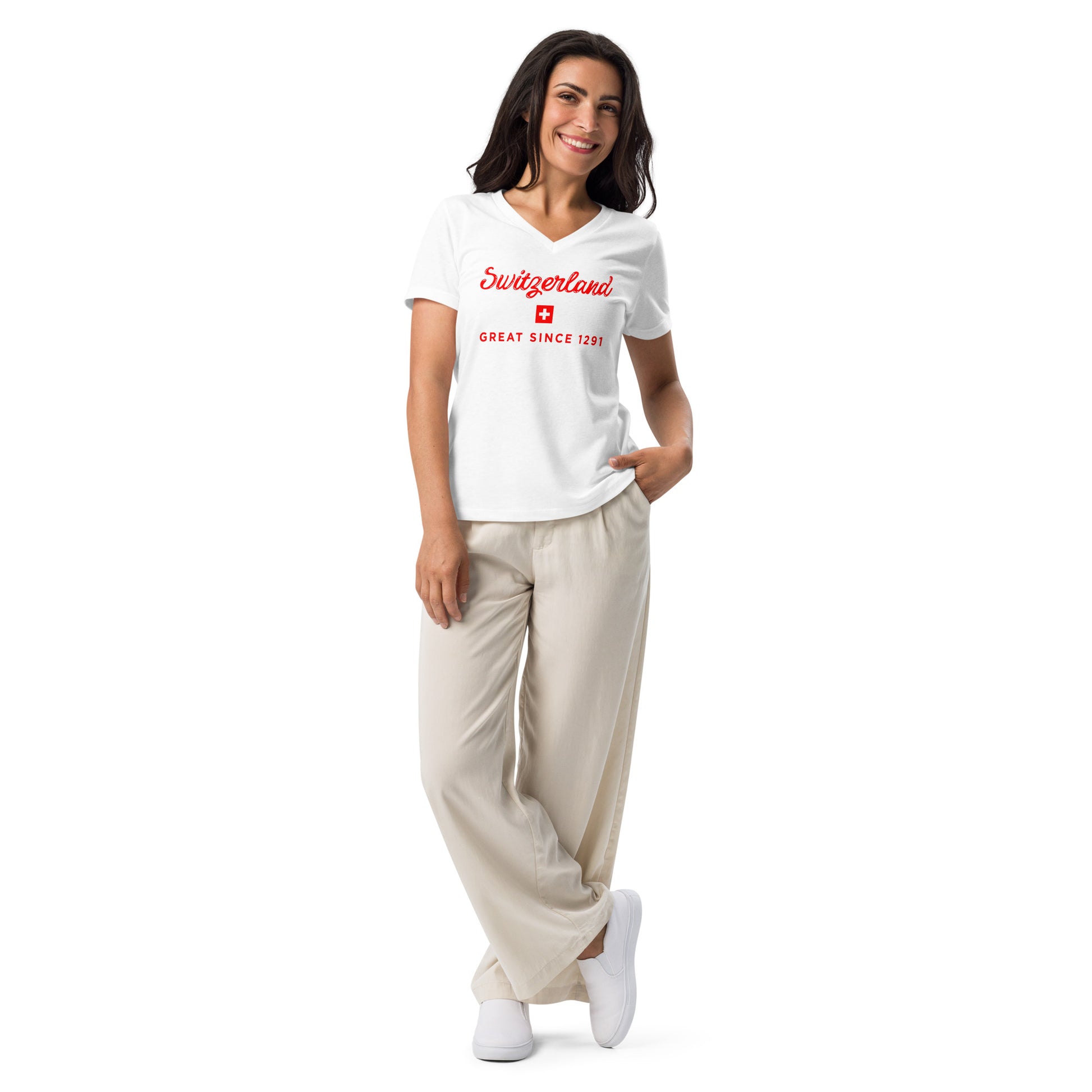 Switzerland Great Since 1251 women's V-neck t-shirt white — lifestyle front view