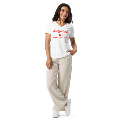 Switzerland Great Since 1251 women's V-neck t-shirt white — lifestyle front view