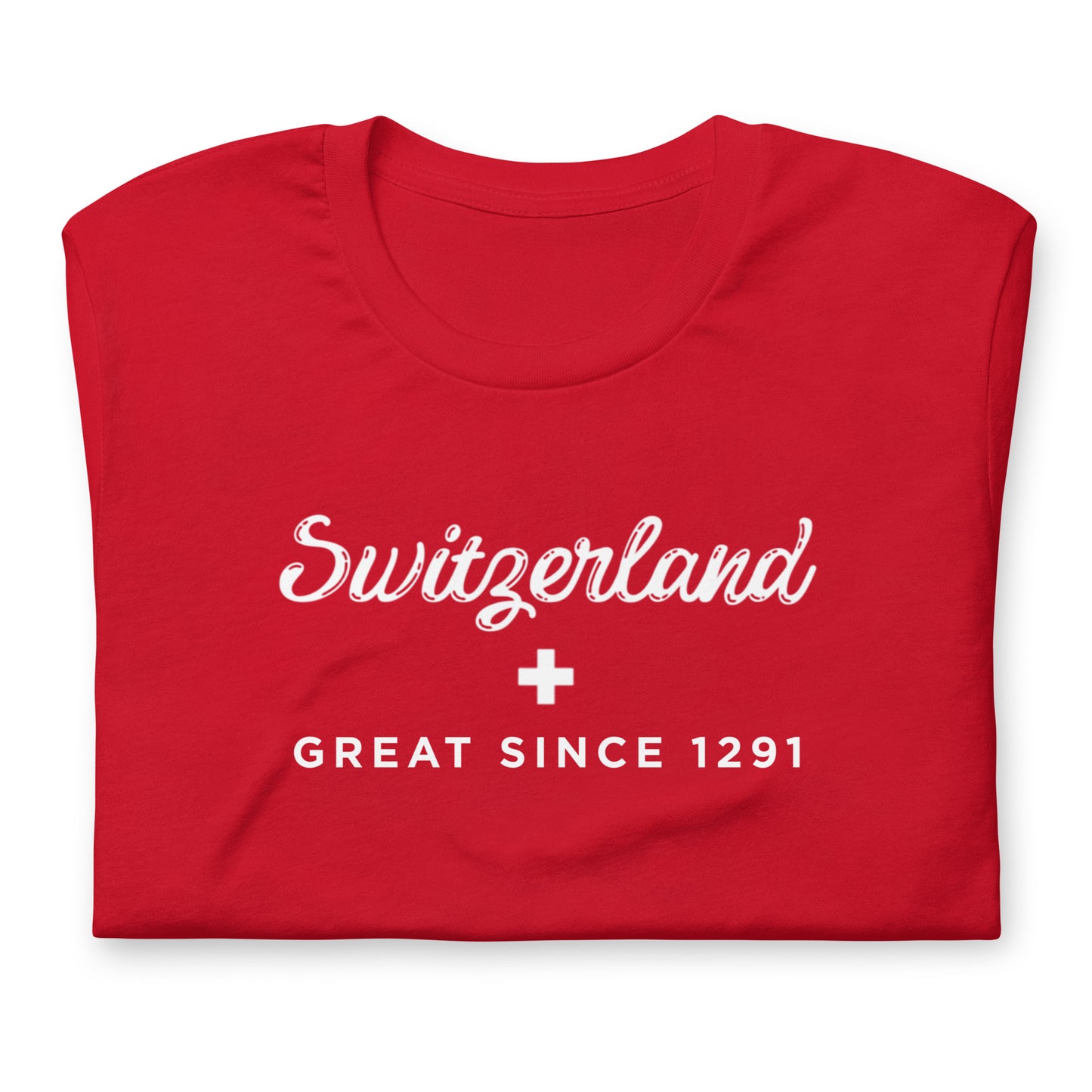A folded red t-shirt with white printed text reading 'Switzerland' 'GREAT SINCE 1291' with a small Swiss Flag white cross in the center