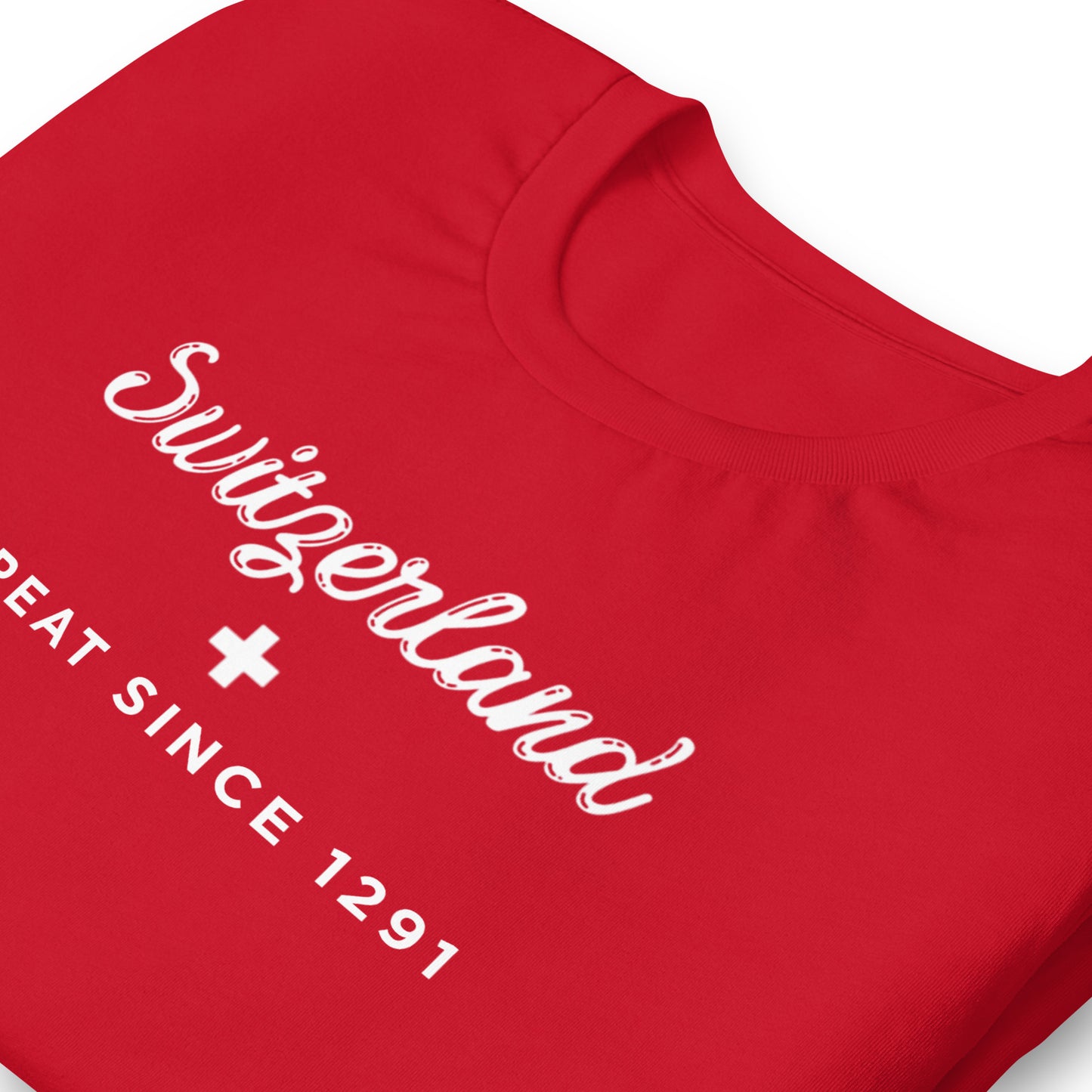 Red unisex staple t-shirt with Switzerland Great Since 1291 graphic