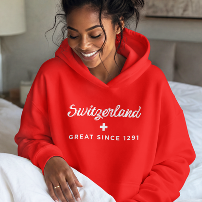 Switzerland souvenir hoodie in red with white Swiss cross and 1291 founding year design