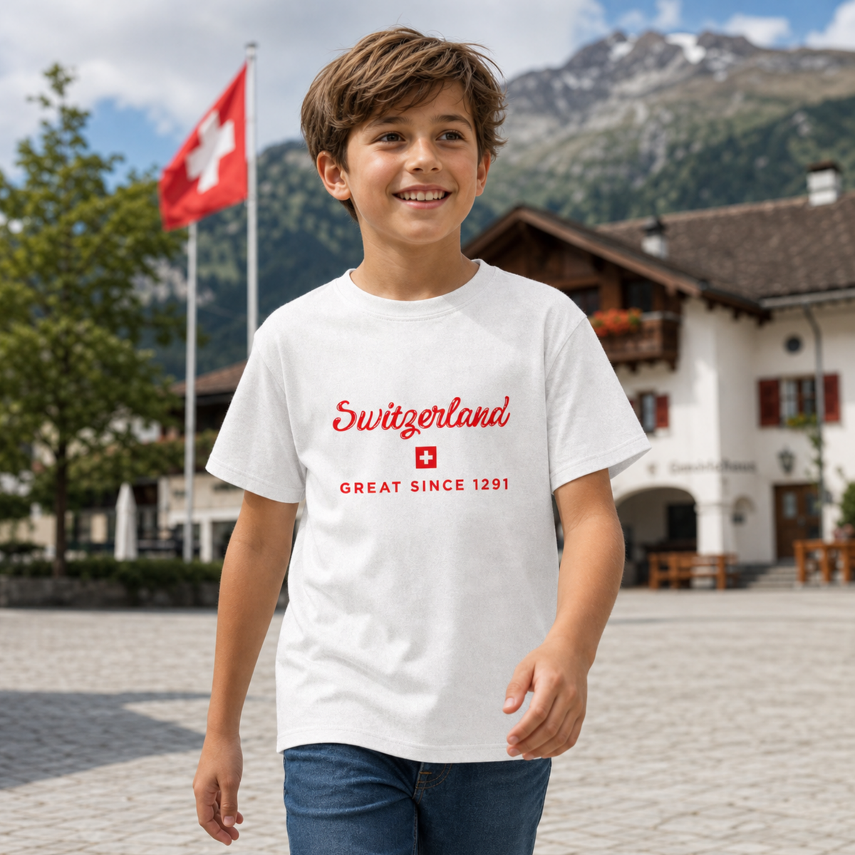 A young boy smiling in an outdoor alpine town square, wearing a white t-shirt with a red 'Switzerland GREAT SINCE 1291' graphic on the chest. Switzerland Great Since 1291 kids t-shirt – lifestyle mockup, casual outdoor wear