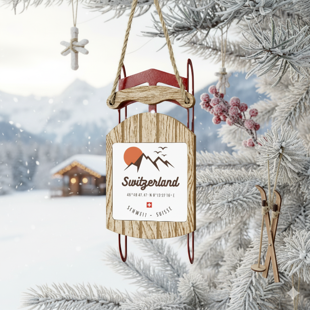 Switzerland Wooden Sled Ornament 🎿⛰ | Swiss Alps Christmas Tree Decoration Souvenir