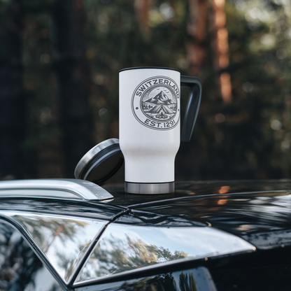 Stainless steel Switzerland travel mug on a Car Roof