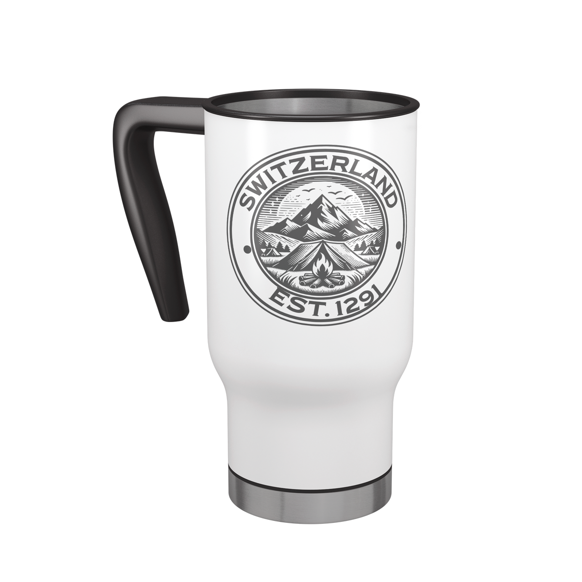white Switzerland travel mug with black handle