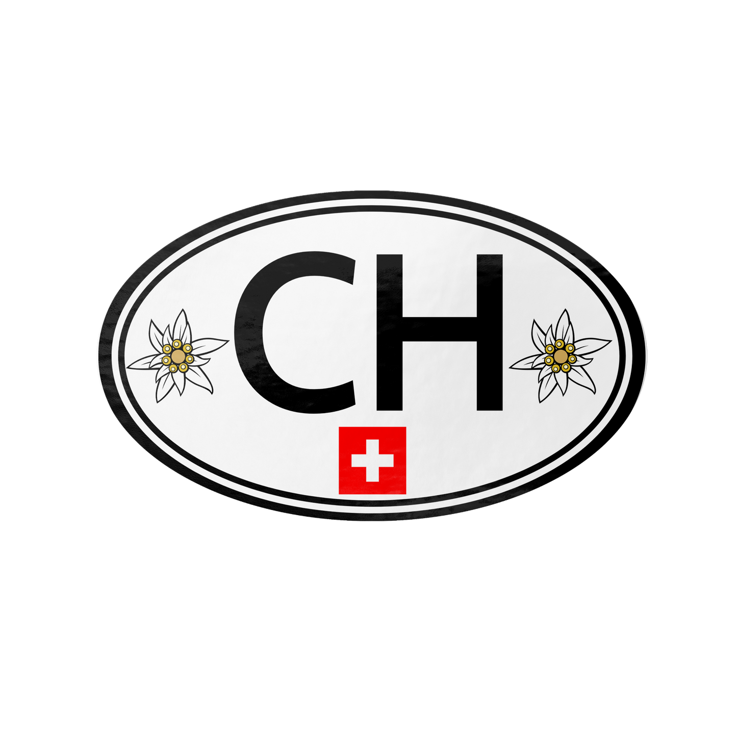 CH oval sticker with Edelweiss and Swiss flag design