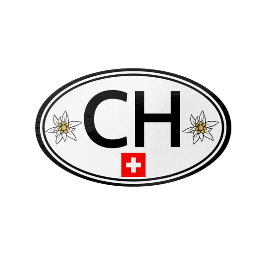 CH oval sticker with Edelweiss and Swiss flag design
