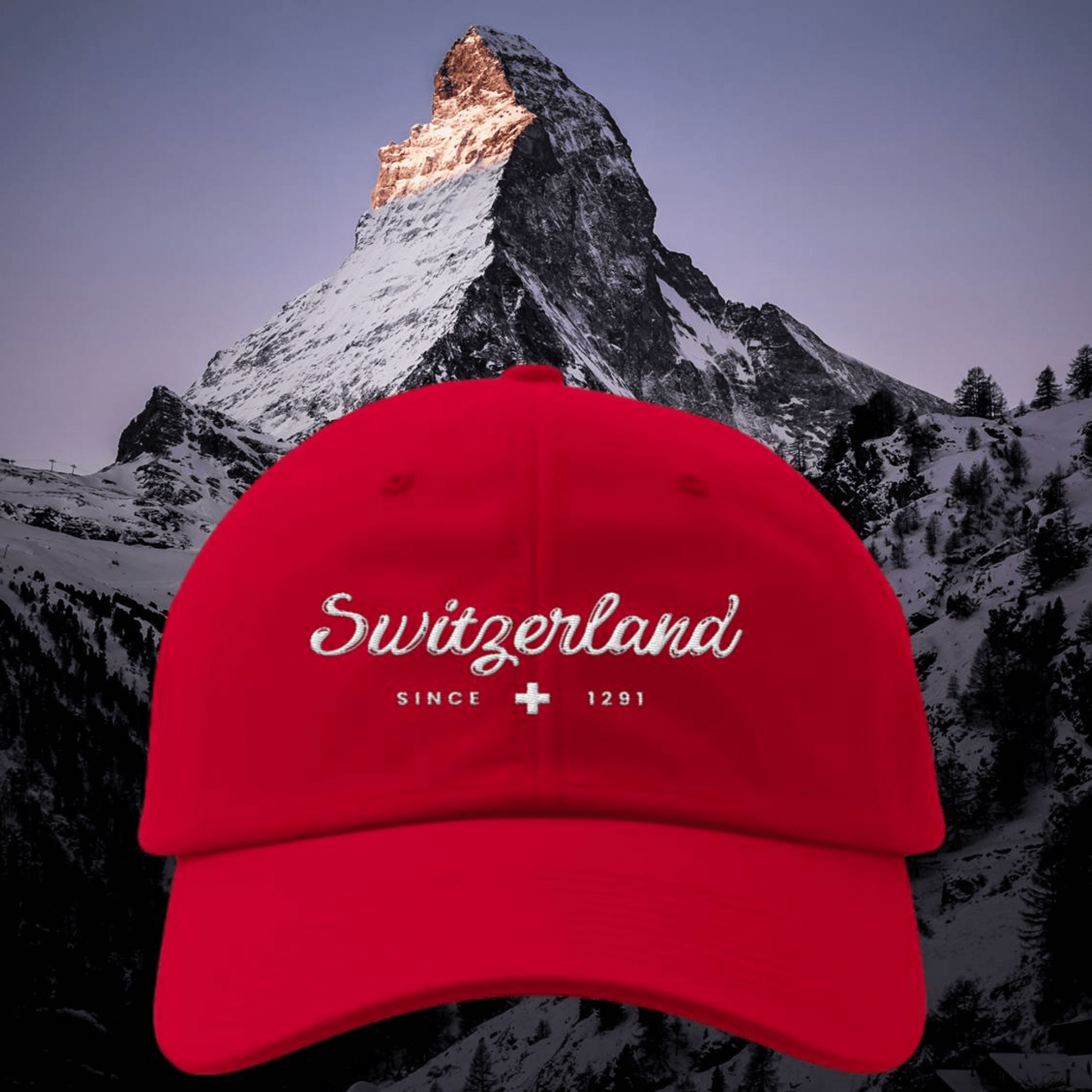 Vibrant red cap with ‘Switzerland since 1291’ embroidered in white, featuring the iconic Swiss cross, perfect for travel and nature enthusiasts