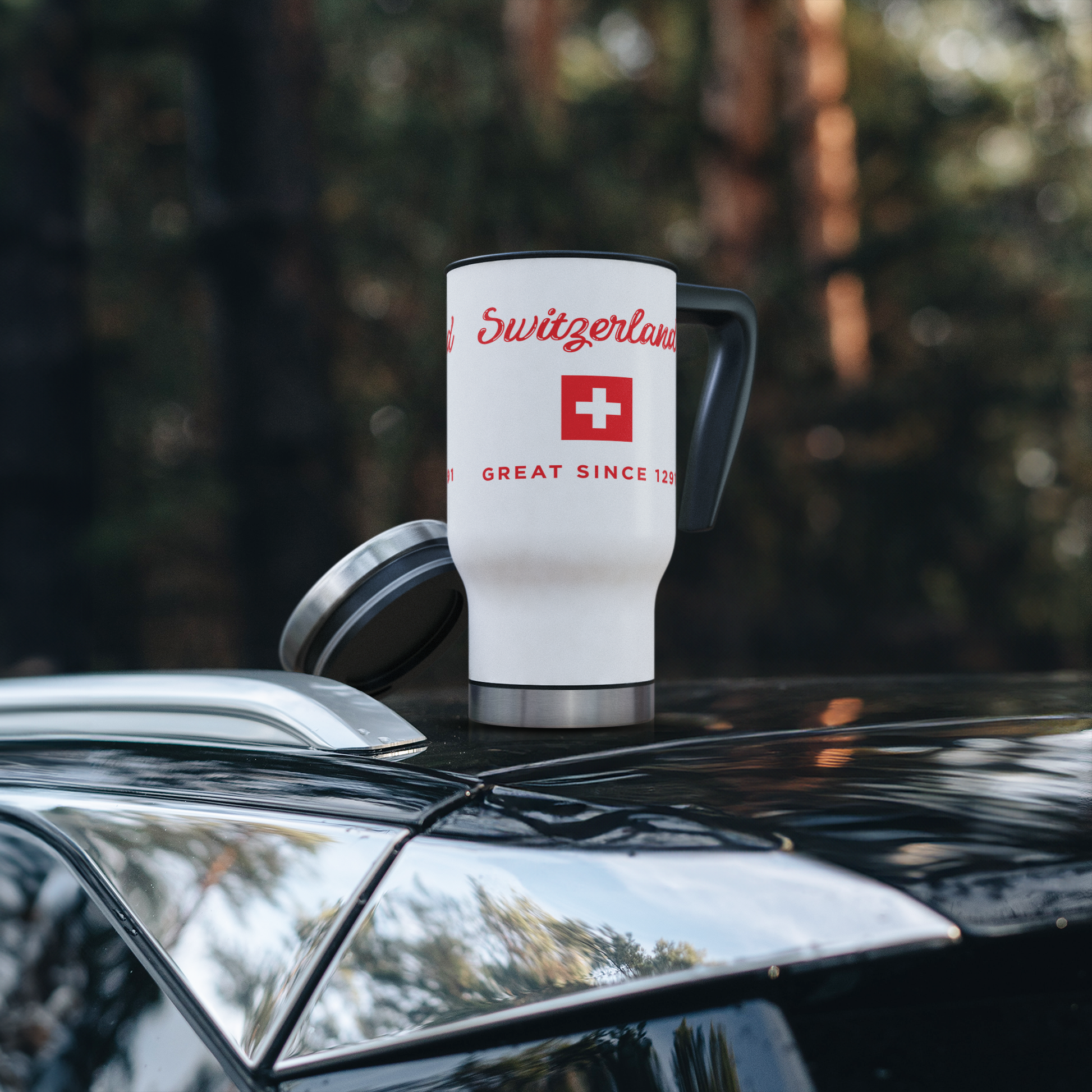 Switzerland Since 1291 white travel mug with screw-on lid — insulated stainless steel Swiss gift"